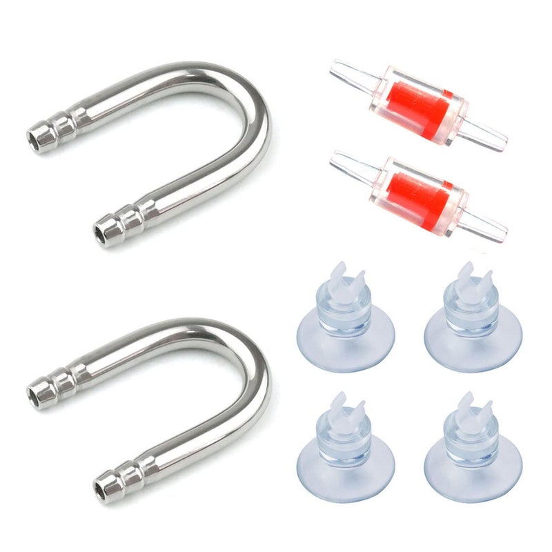 Hamineler 2 PCS Stainless Steel Fish Tank U Shape Pipe, 2 PCS Non-Return Check Valve, 4 PCS Suction Cup, for Aquarium Connecting Air Line - Image 1